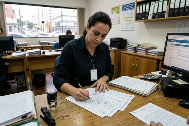 Detalhe do despachante preenchendo formulários para recurso de multa, destacando o trabalho rentável.