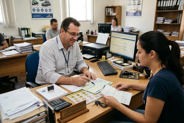 Profissional auxilia cliente em licenciamento de veículo, demonstrando serviço de despachante em ação.