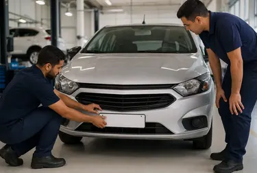 Profissional realiza o emplacamento de um veículo, mostrando as ferramentas necessárias ao trabalho.