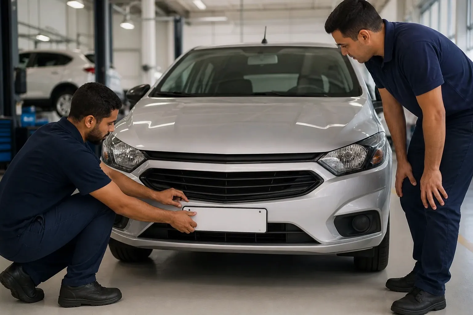 Profissional realiza o emplacamento de um veículo, mostrando as ferramentas necessárias ao trabalho.
